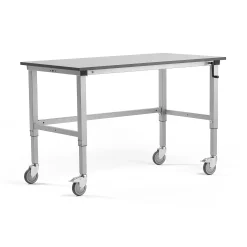 Teollisuuspöytä MOTION Pyörät, manuaalisesti korkeussäädettävä, 1500x800 mm, 150 kg, harmaa