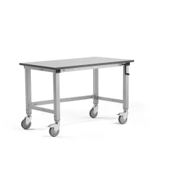 Teollisuuspöytä MOTION Pyörät, manuaalisesti korkeussäädettävä, 1200x600 mm, 150 kg, harmaa