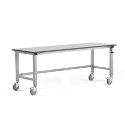 Teollisuuspöytä MOTION Pyörät, manuaalisesti korkeussäädettävä, 2000x600 mm, 150 kg, harmaa