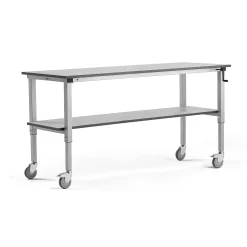 Teollisuuspöytä MOTION Pyörät, manuaalisesti korkeussäädettävä, 2000x600 mm, alahylly,150 kg, harmaa