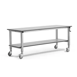 Teollisuuspöytä MOTION Pyörät, manuaalisesti korkeussäädettävä, 2000x600 mm, alahylly,150 kg, harmaa