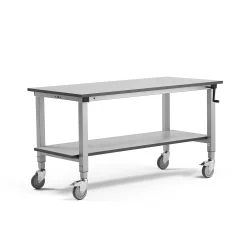 Teollisuuspöytä MOTION Pyörät, manuaalisesti korkeussäädettävä, 1500x600 mm, alahylly,150 kg, harmaa