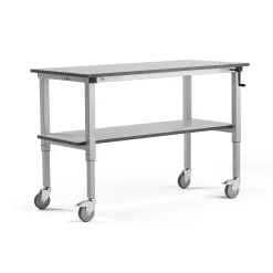 Teollisuuspöytä MOTION Pyörät, manuaalisesti korkeussäädettävä, 1500x600 mm, alahylly,150 kg, harmaa