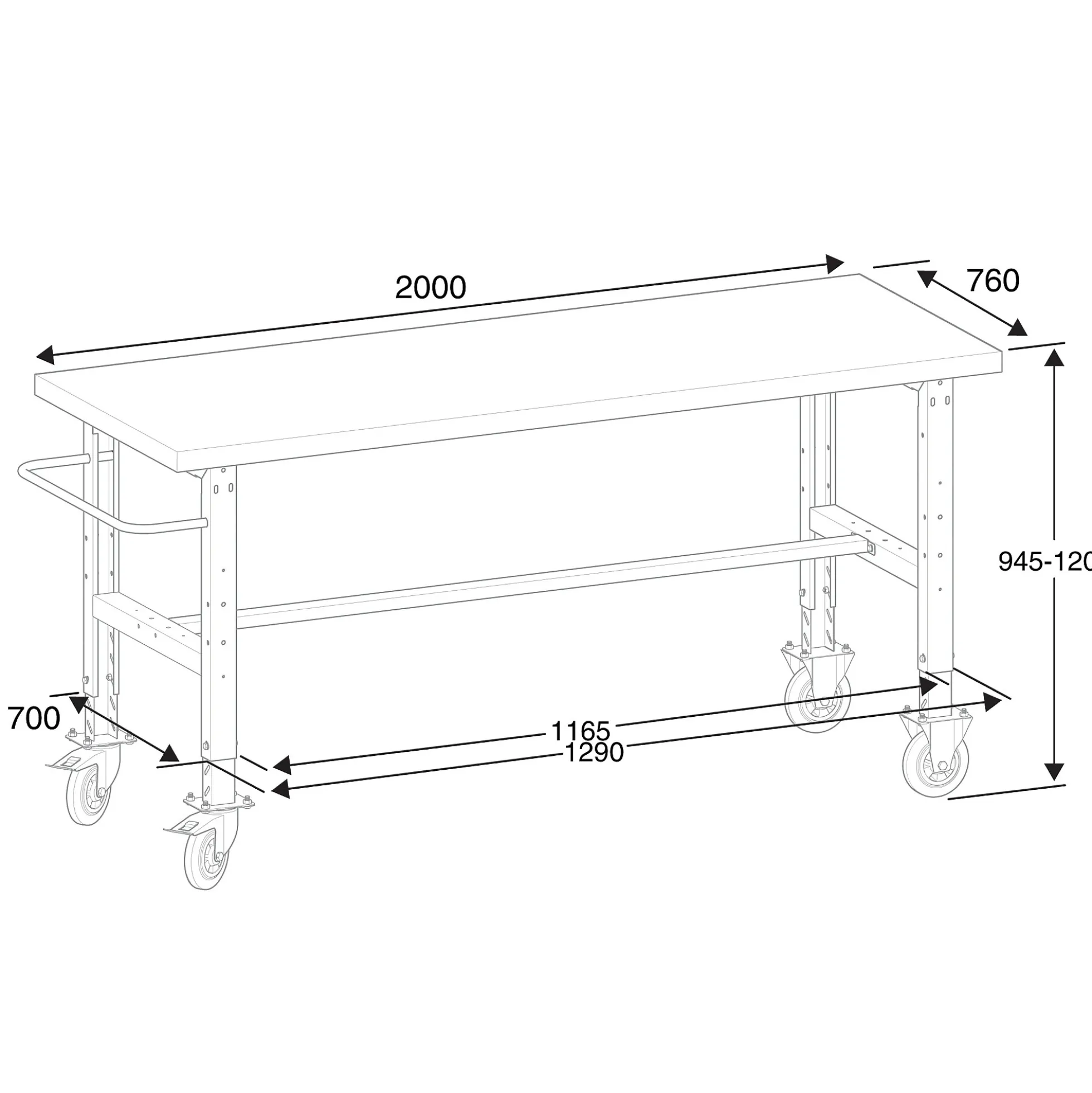 Teollisuuspöytä TRUST Siirrettävä, 2000x760 mm, 200 kg, teräs