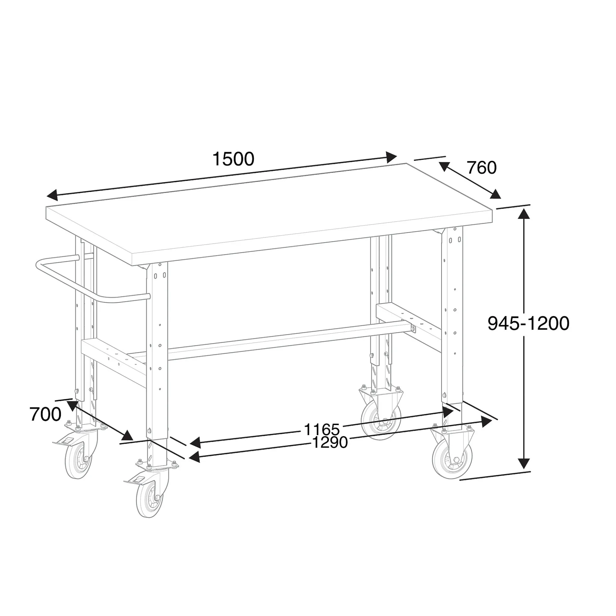 Teollisuuspöytä TRUST Siirrettävä, 1500x760 mm, 200 kg, teräs