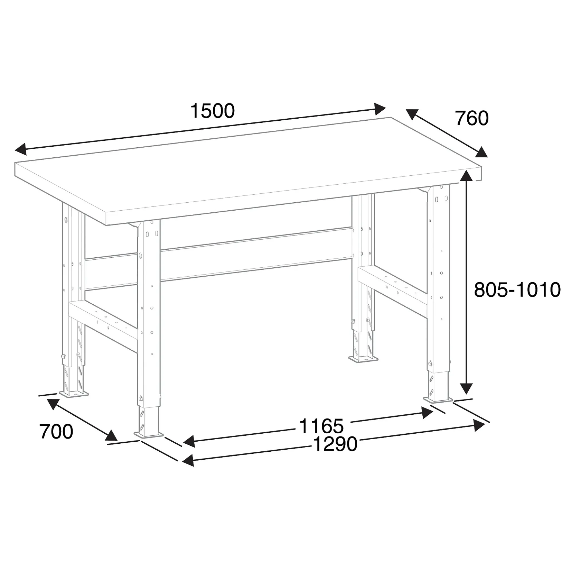 Teollisuuspöytä TRUST 1500x760 mm, 600 kg, teräs