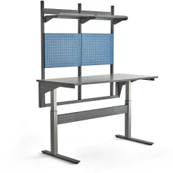 Teollisuuspöytä VERVE Korkeussäädettävä, 200 kg, 1600x800 mm, työkalupaneeli + hyllyt