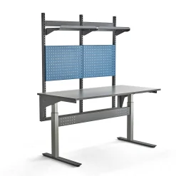 Teollisuuspöytä VERVE Korkeussäädettävä, 200 kg, 1600x800 mm, työkalupaneeli + hyllyt