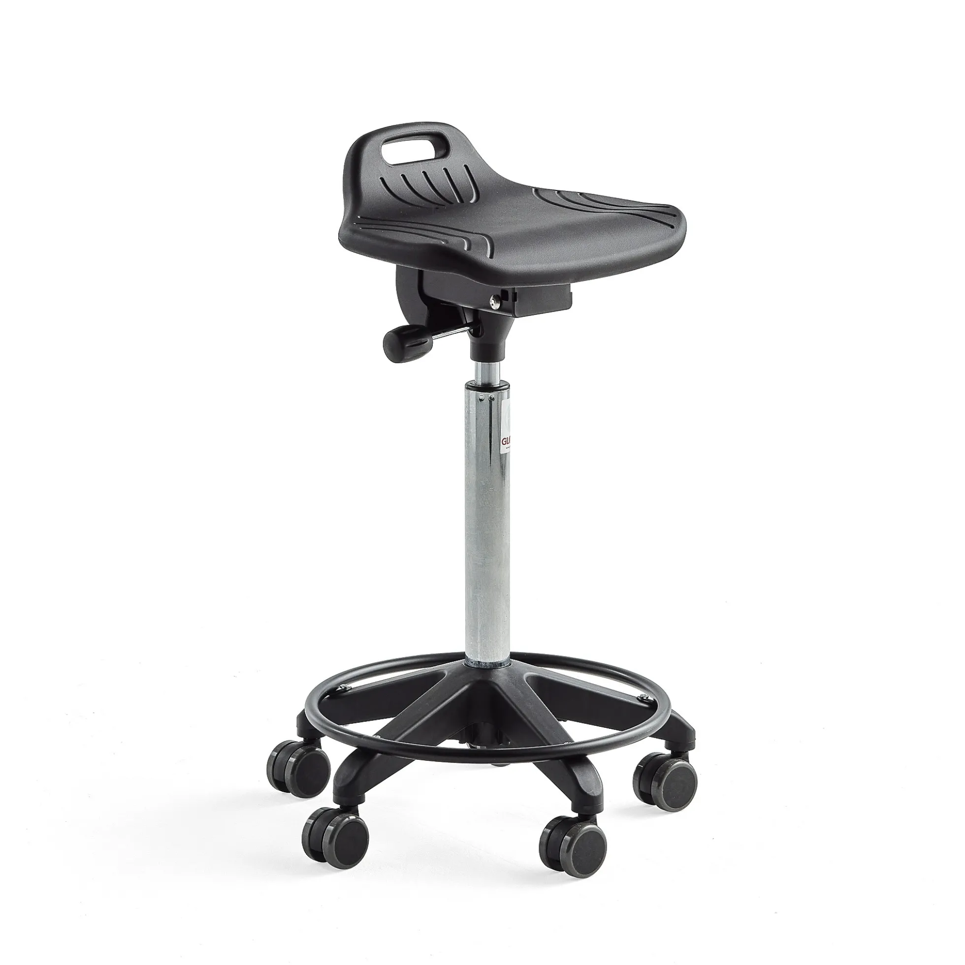 Työjakkara PEYTON Istuin polyuretaanista, pyörät, jalkarengas, 710-970 mm