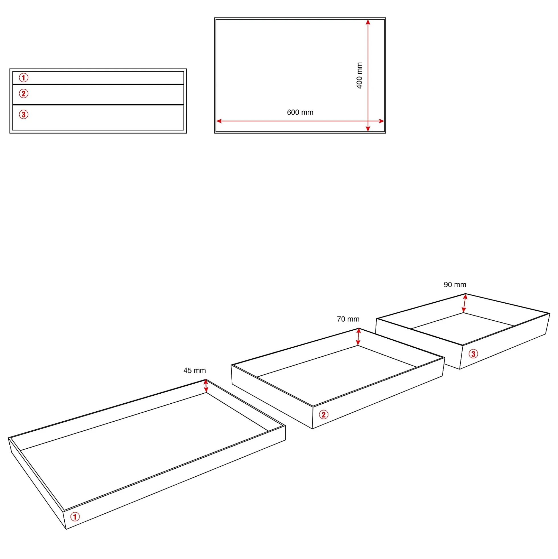 Työkaluvaunu MOVE 2 hyllytasoa, 3 vetolaatikkoa, 850x480x950 mm