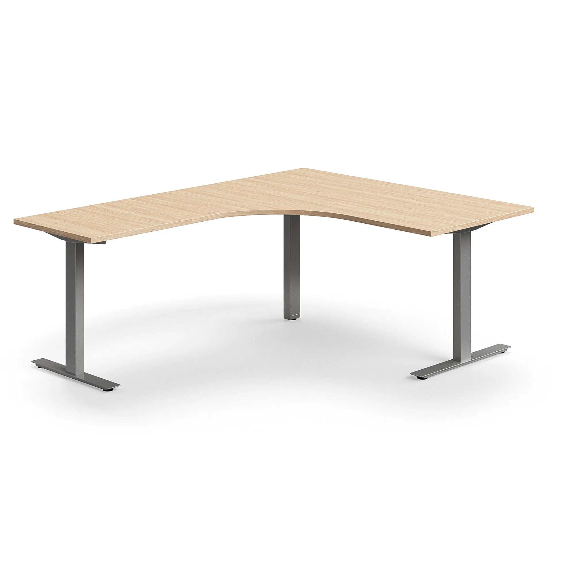 Työpöytä QBUS L-muotoinen, 1600x2000 mm, T-jalusta, hopeanharmaa jalusta, tammi