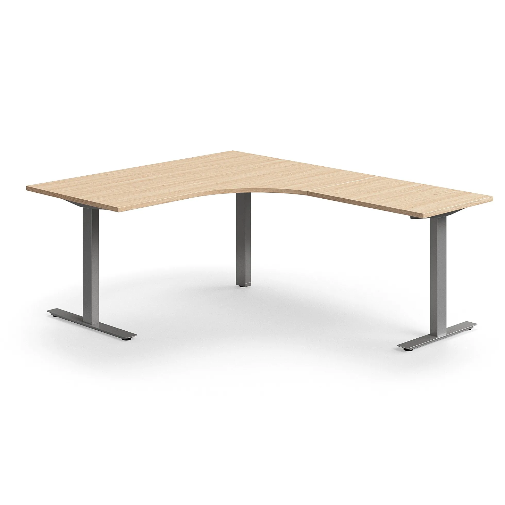 Työpöytä QBUS L-muotoinen, 1600x2000 mm, T-jalusta, hopeanharmaa jalusta, tammi