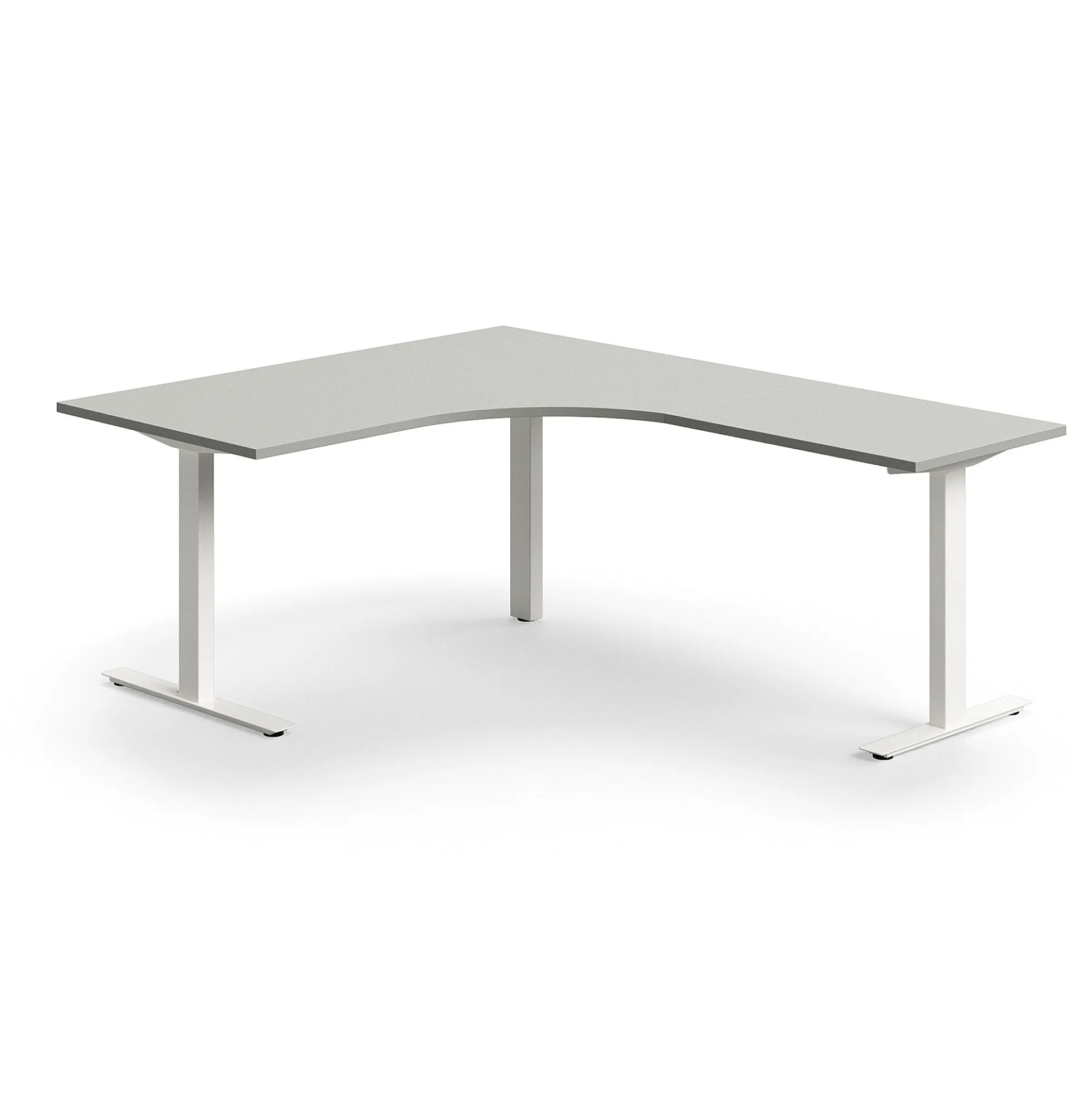 Työpöytä QBUS L-muotoinen, 1600x2000 mm, T-jalusta, valkoinen jalusta, vaaleanharmaa